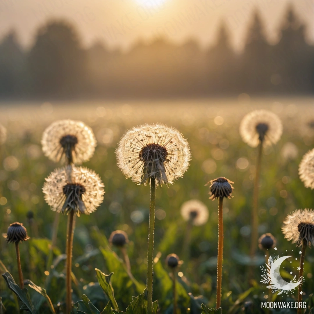 Крупный план одуванчиков в туманном поле на закате с эффектом боке и дождем.