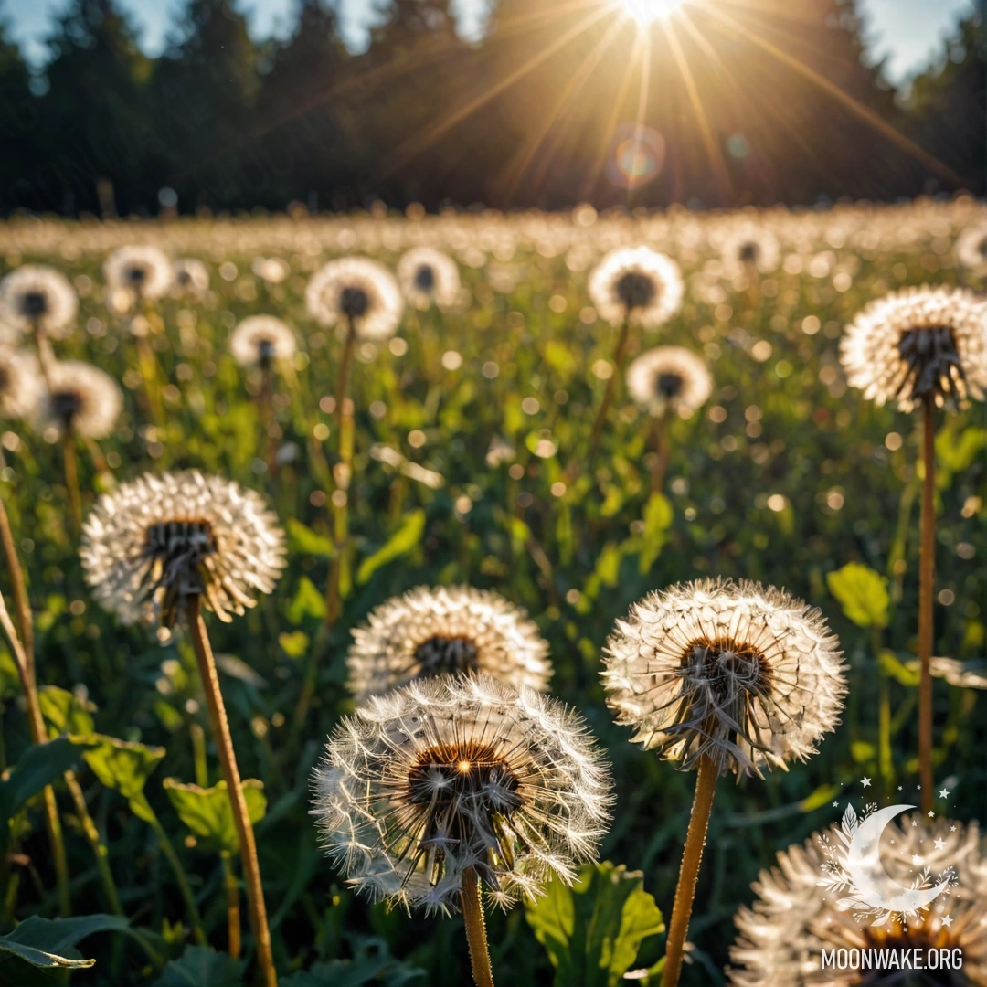 Крупный план одуванчиков на ярком поле с цветами в боке.