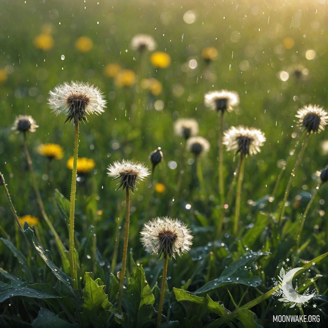 Крупный план одуванчиков на фоне размытых полевых цветов под дождем.