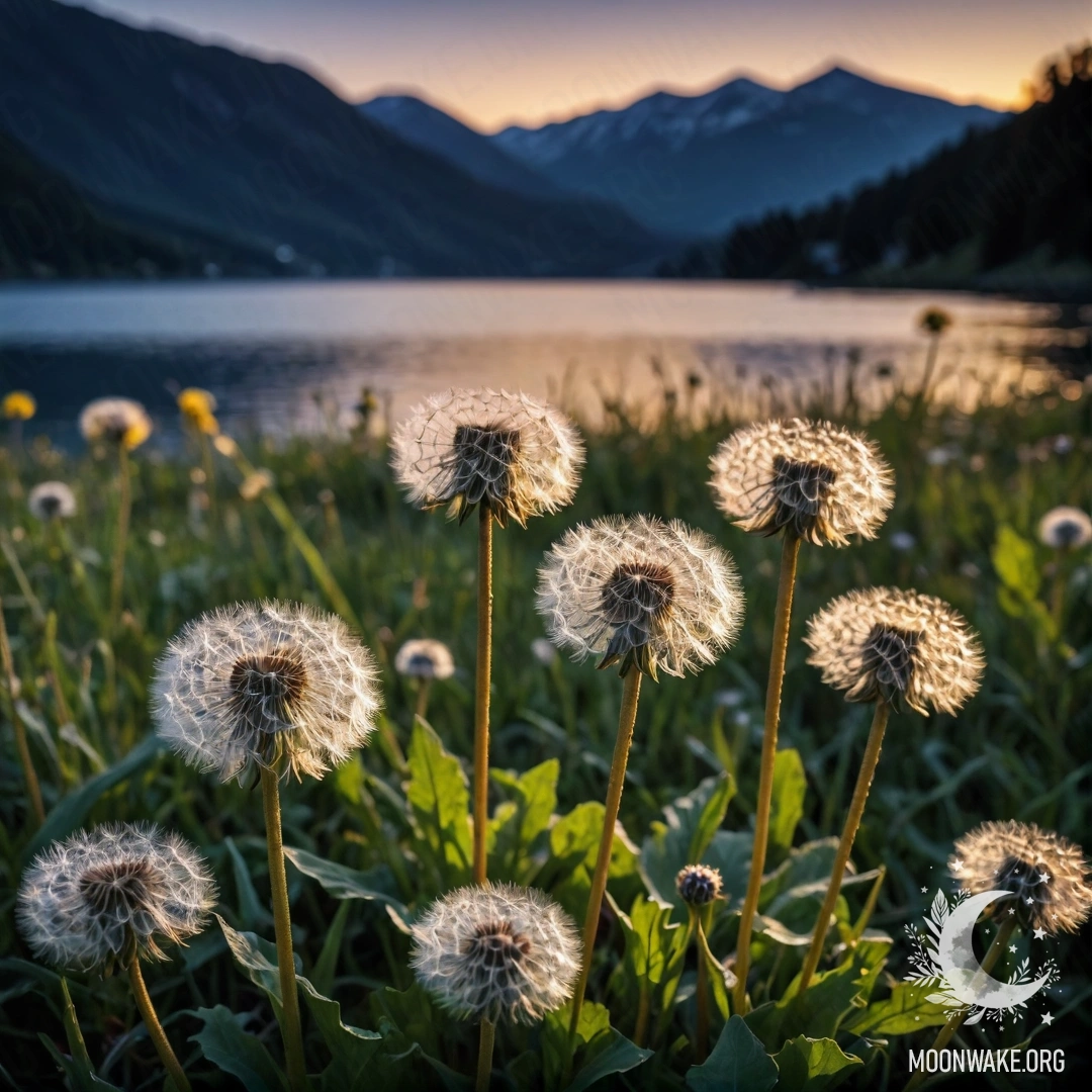 Крупный план одуванчиков на уютном поле с боке горного озера ночью.