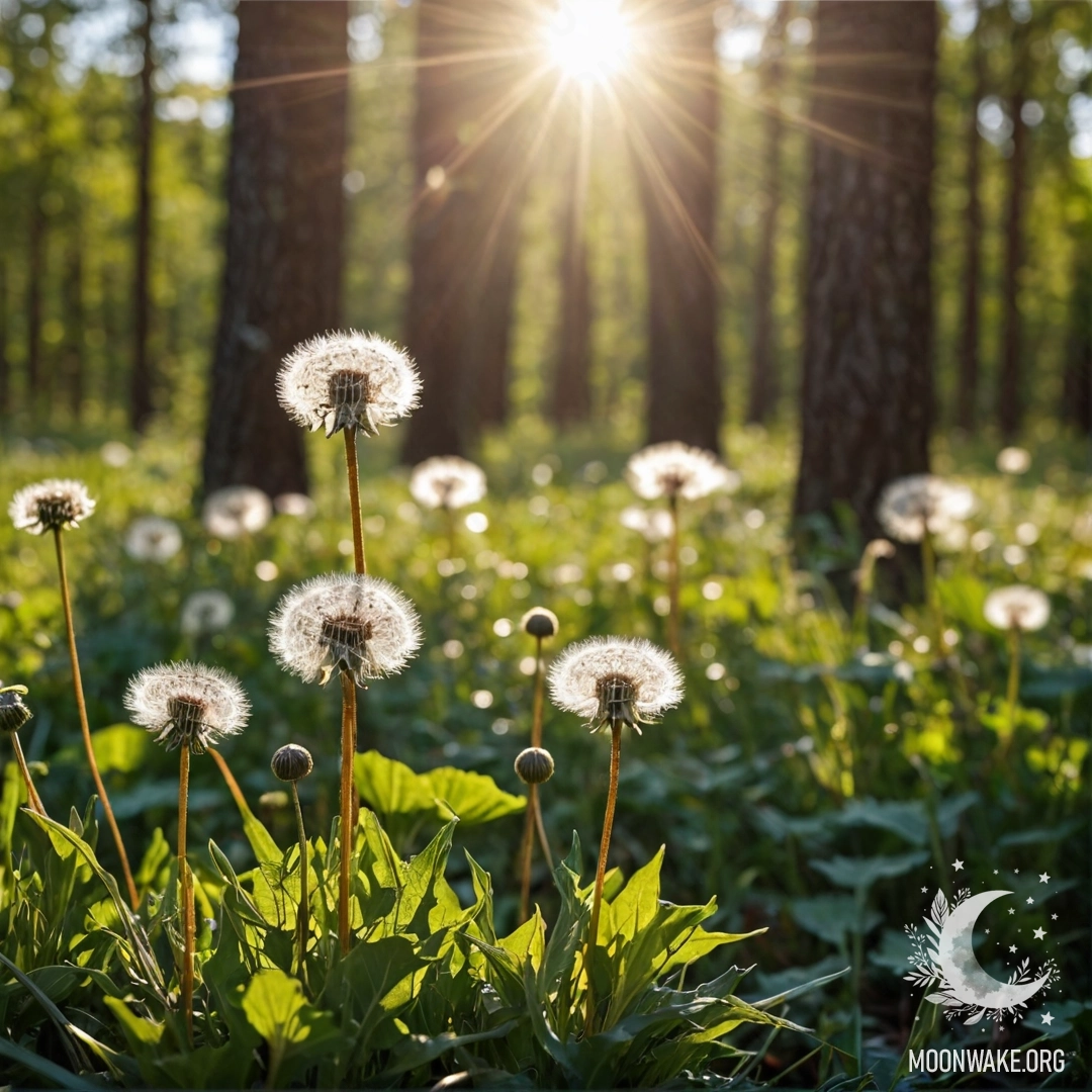 Крупный план одуванчиков на поле с размытым лесом на фоне и солнечными лучами, пробивающимися сквозь деревья.