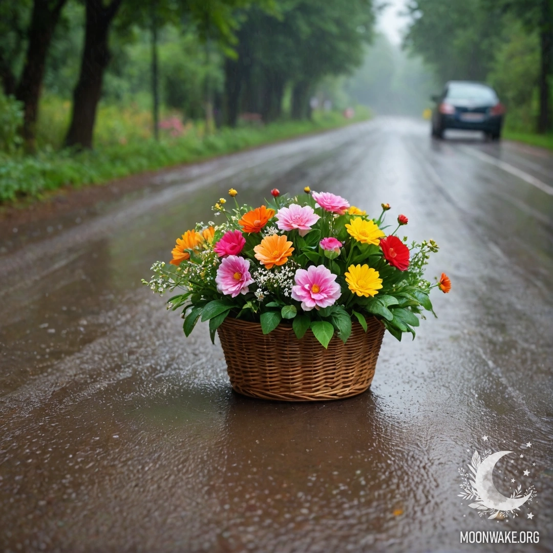 Сельская грунтовая дорога с корзиной цветов на ней, размытые деревья под дождем.