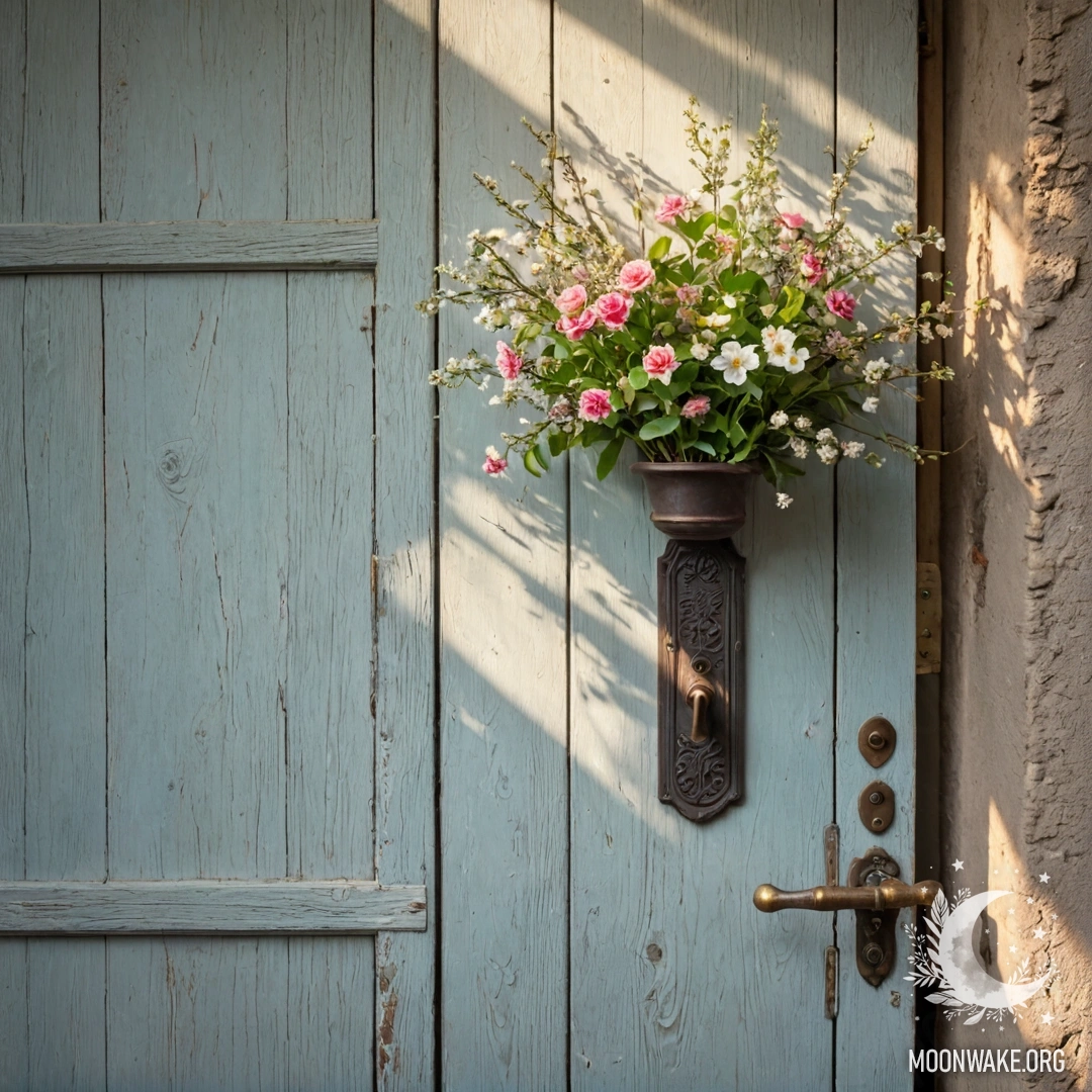 Старая дверь, украшенная веточками с цветами, залитая солнечными лучами.