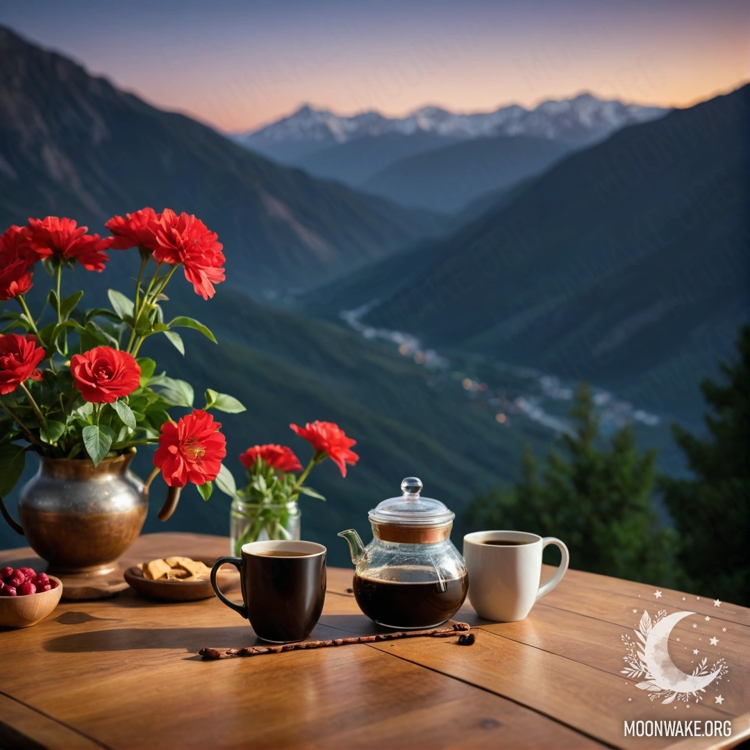 Деревянный стол с банкой красных цветов, кофейником и чашками на фоне гор в ночное время.
