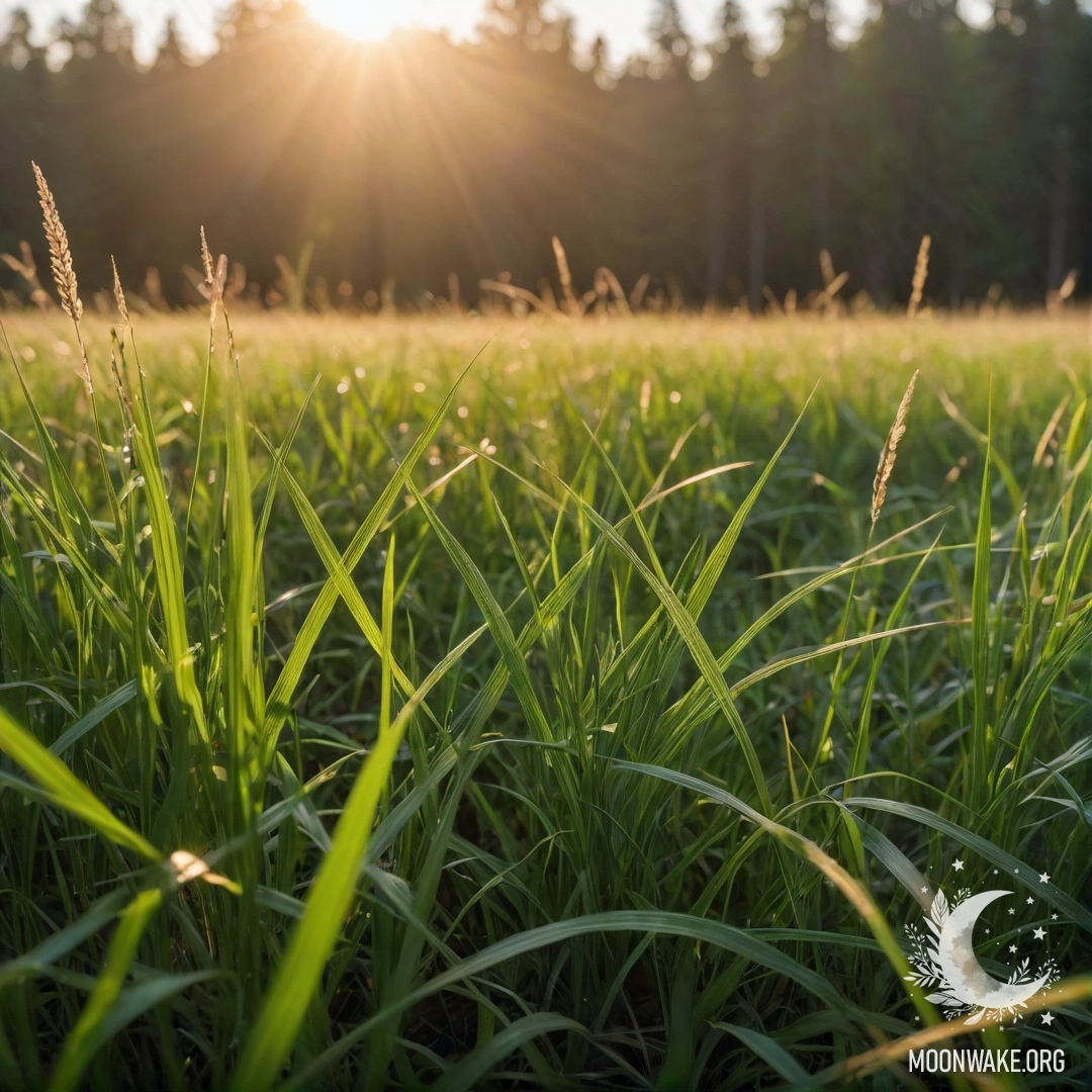 Крупный план травы на поле с размытым фоном леса, освещенного лучами заката.