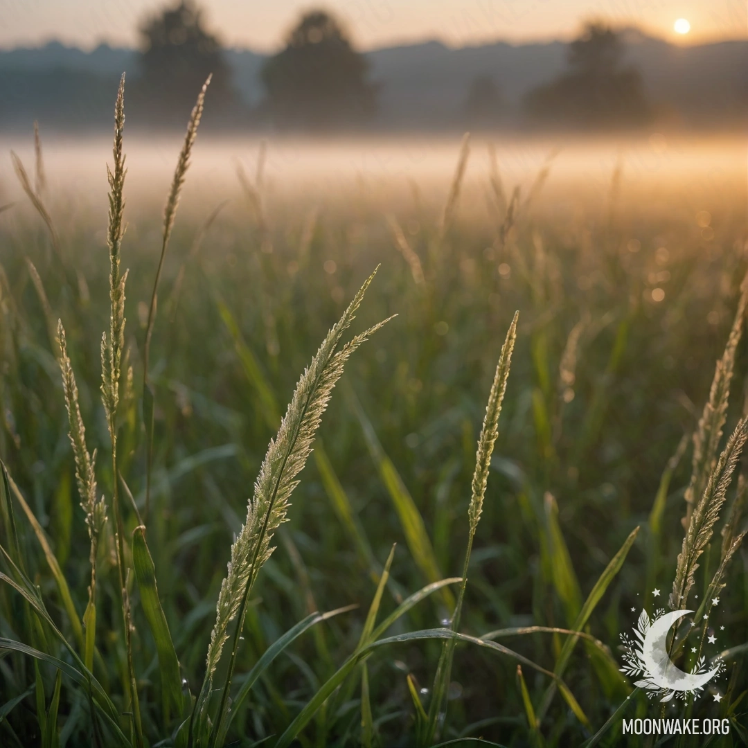 Крупный план травы на уютном поле с боке и туманом на закате.