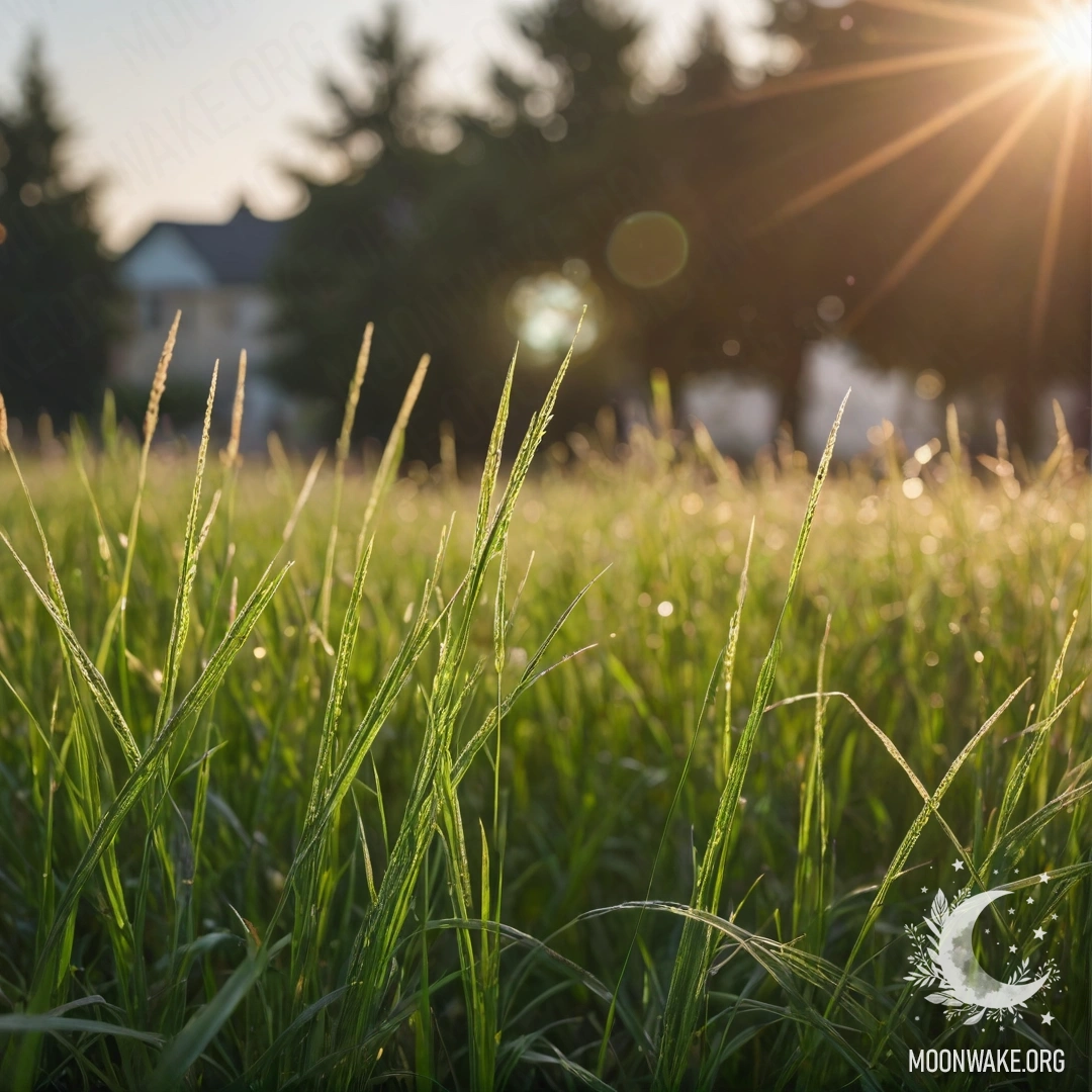 Крупный план травы на уютном поле на фоне неба с боке и бликами света.