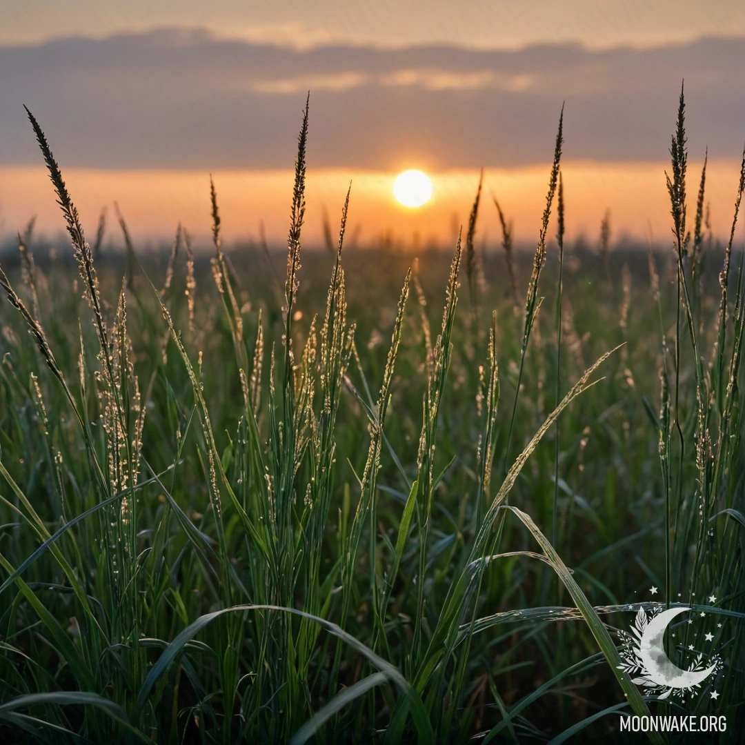 Крупный план травы в уютном поле с эффектом боке и туманом на закате.