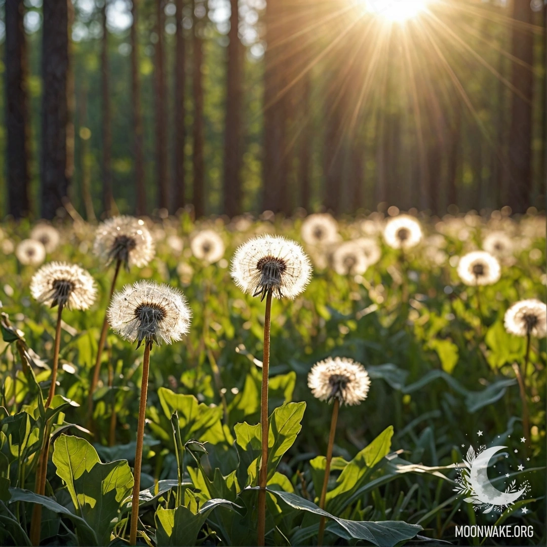 Крупный план одуванчиков на уютном поле с мягким боке и солнечными лучами, пробивающимися сквозь лес.