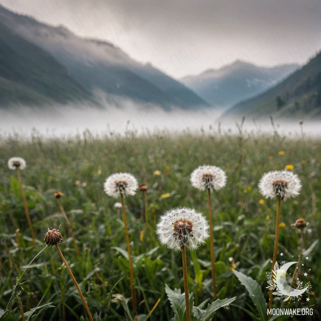 Крупный план одуванчиков на уютном поле с размытыми горами на фоне, окутанными густым туманом.