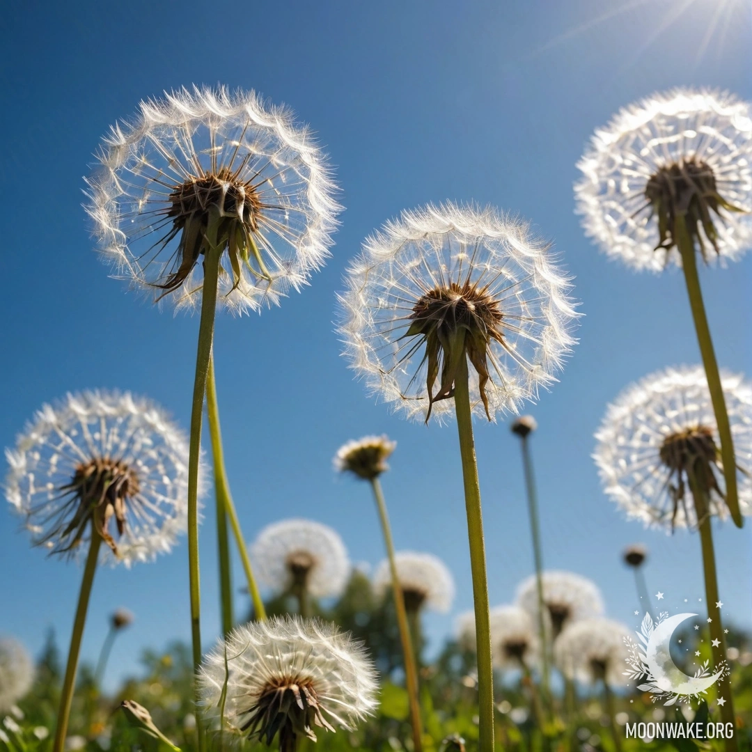 Крупный план одуванчиков на уютном поле с размытым небом.