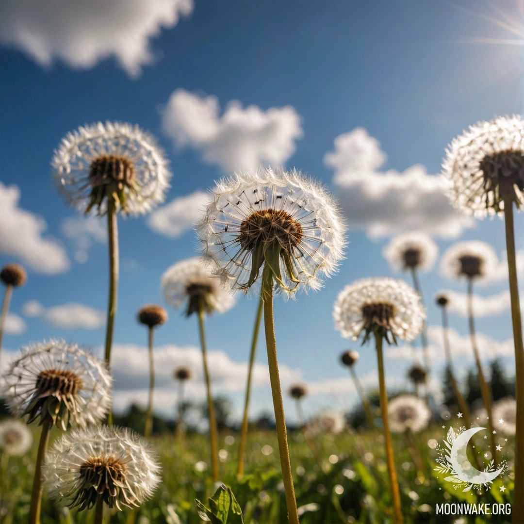 Крупный план одуванчиков на уютном поле на фоне размытого неба с облаками и бликами света.