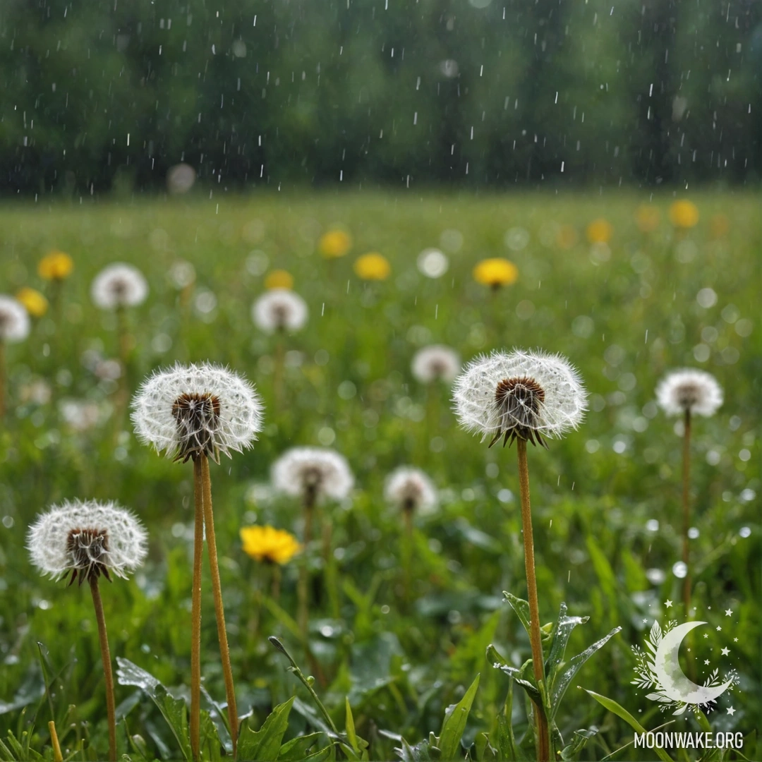 Ближайший план одуванчиков на поле на фоне размытого леса с каплями дождя.