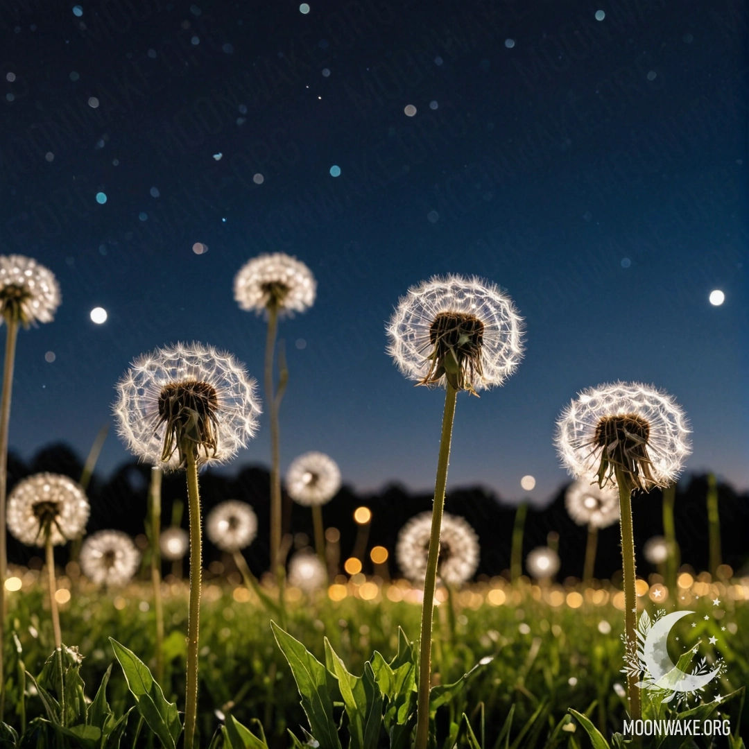 Макросъемка дуванчиков, освещенных ночным небом с эффектом боке.