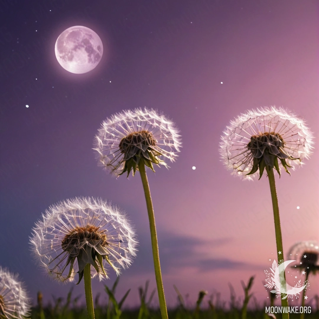 Крупный план одуванчиков на поле на фоне розово-фиолетового неба с луной и солнцем.