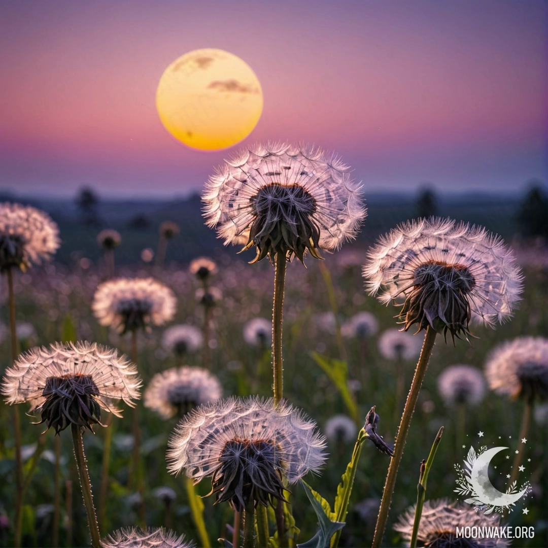 Крупный план одуванчиков в уютном поле на фоне розово-фиолетового неба и луны на закате.