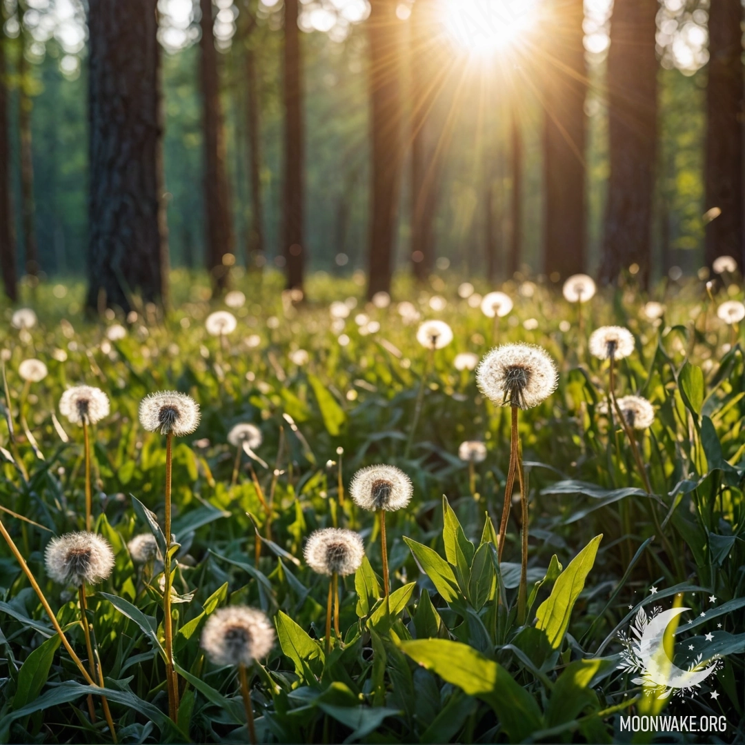 Крупный план одуванчиков на уютном поле с размытым лесом и солнечными лучами.