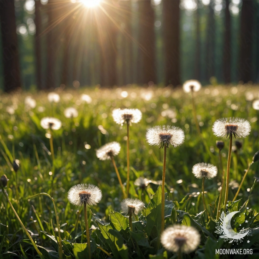 Крупный план одуванчиков на уютном поле с размытым лесом на фоне и солнечными лучами, пробивающимися сквозь дождь.