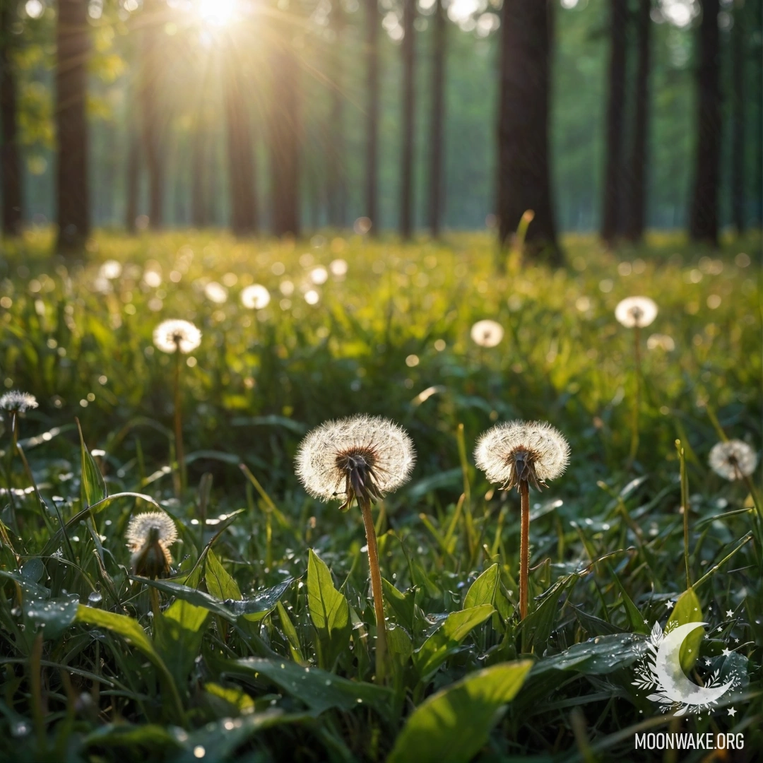 Крупный план одуванчиков на уютном поле с яркими лучами солнца, пробивающимися через листву деревьев на размытом фоне.