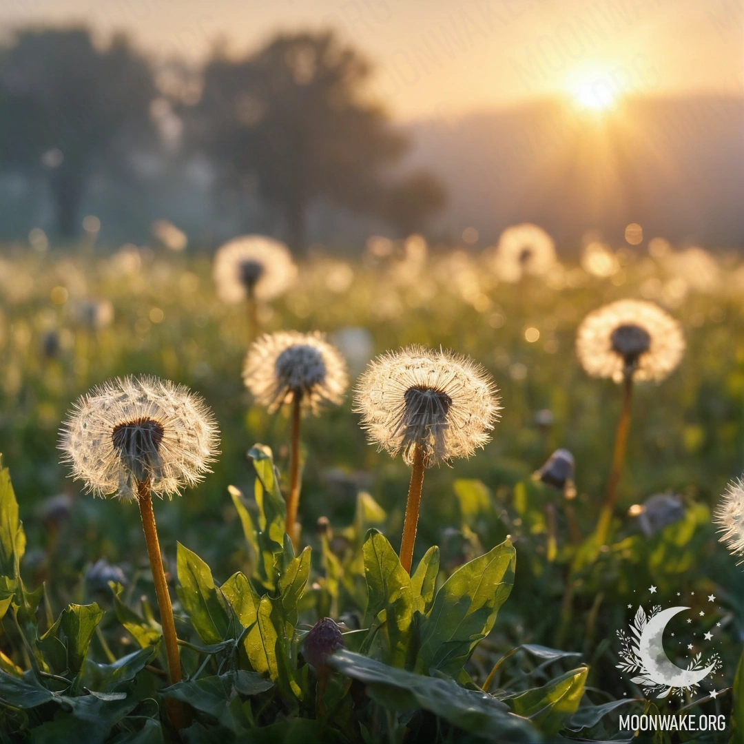 Крупный план одуванчиков на уютном поле с размытым фоном тумана и лучами заката.