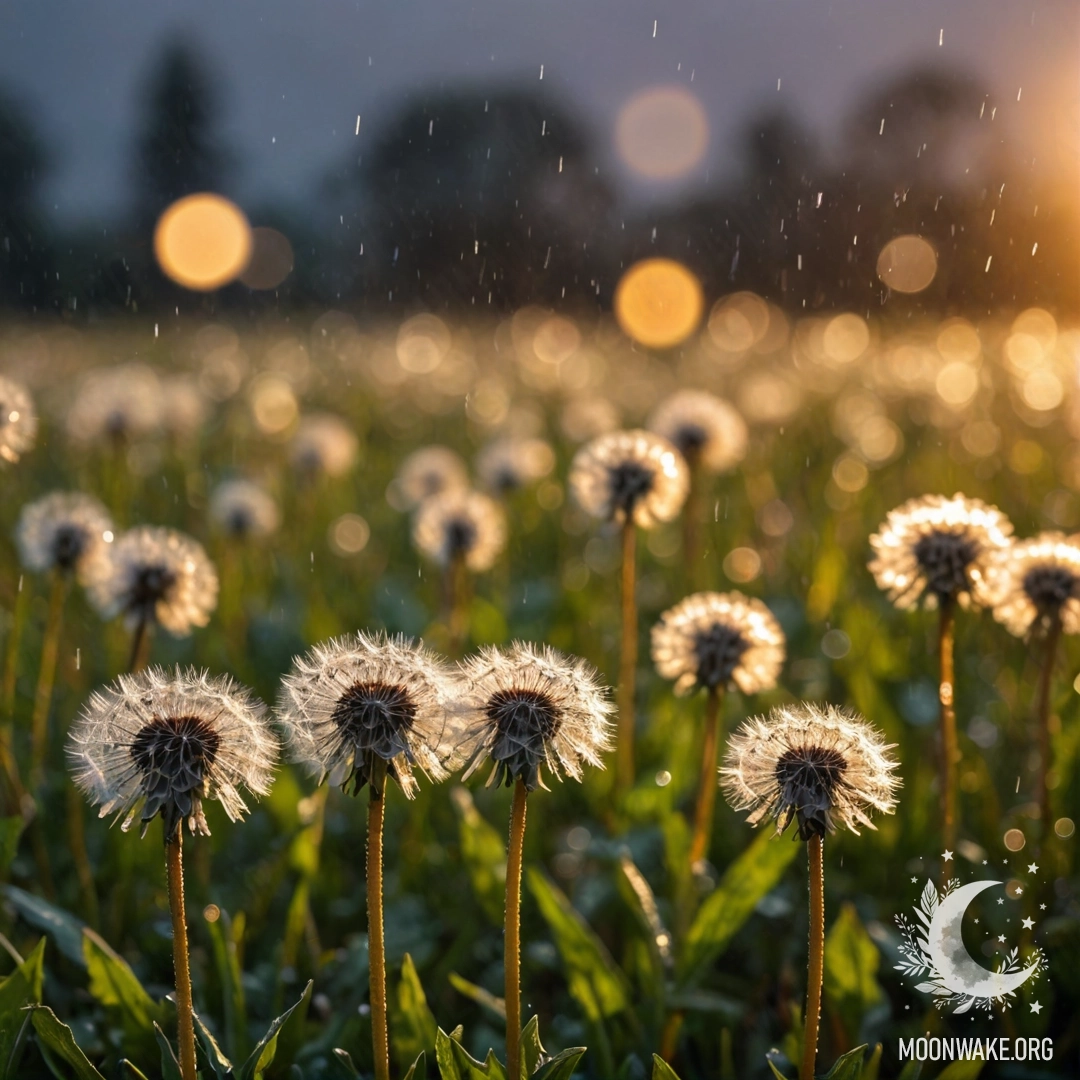 Крупный план одуванчиков на уютном поле, с размытым закатом и каплями дождя на заднем плане.