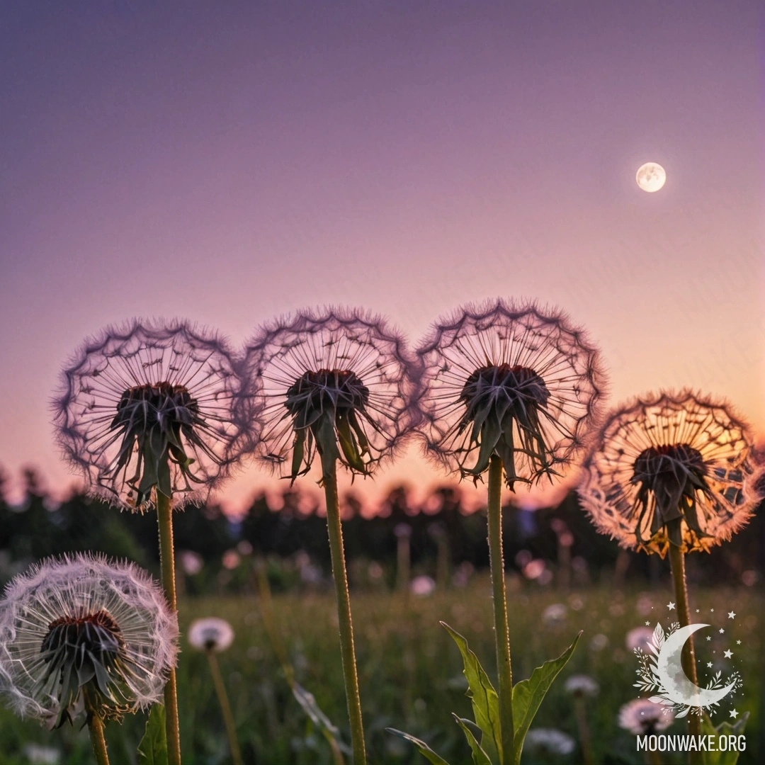 Крупный план пуховиков в поле на фоне розово-фиолетового неба с луной.