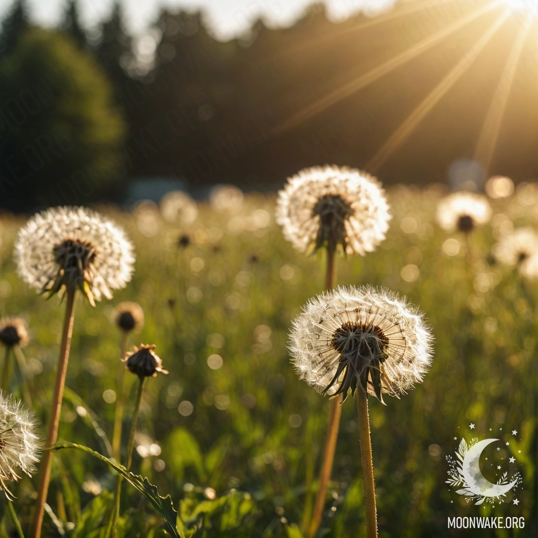 Крупный план одуванчиков на уютном поле, освещенных солнечными лучами на фоне боке неба.