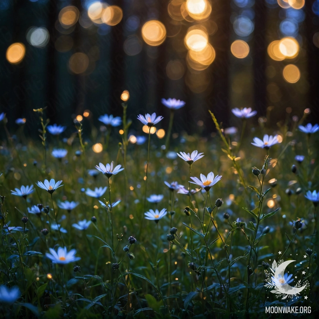 Крупный план нежных полевых цветов, освещенных мягким ночным светом на фоне размытых лесных просторов.