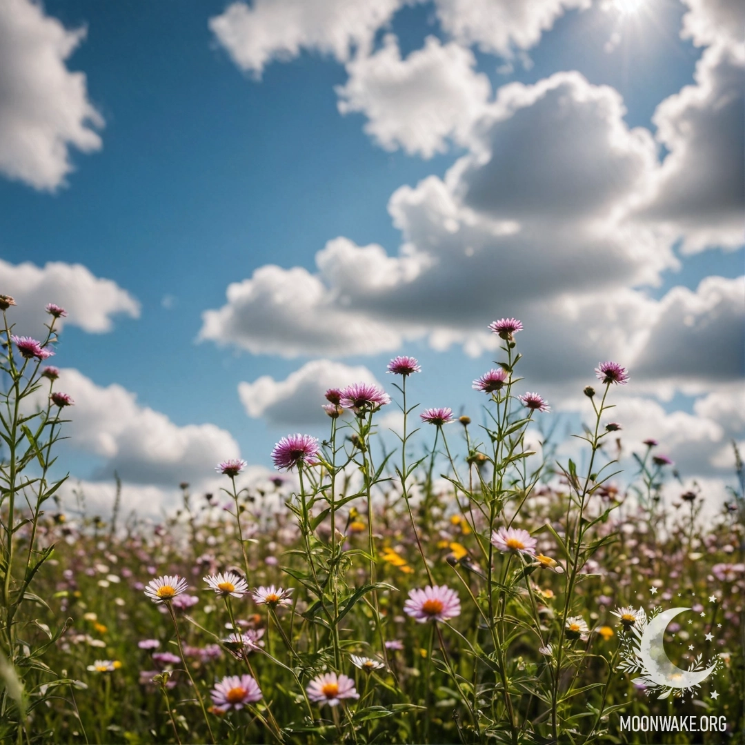 Крупный план ярких полевых цветов на фоне мягкого размытого неба с облаками.
