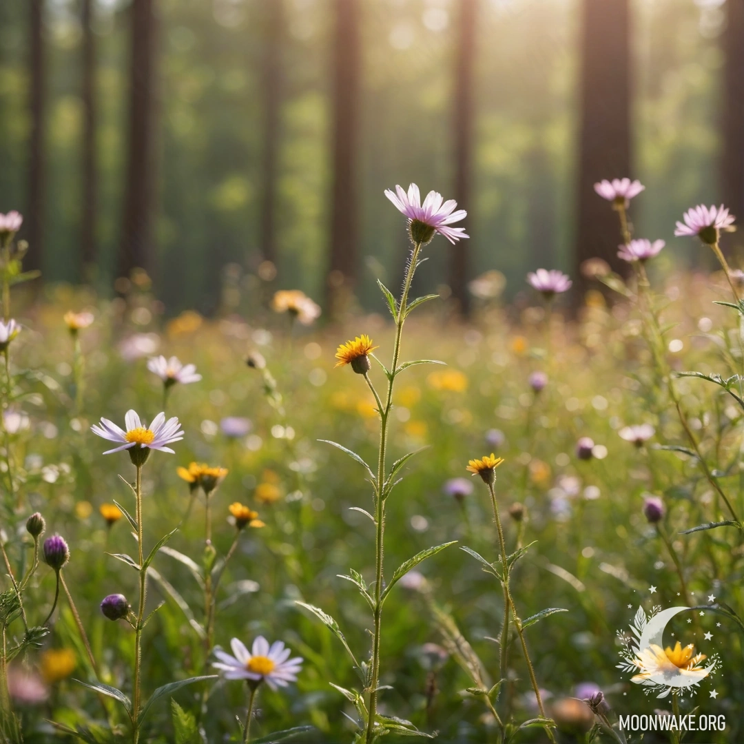 Крупный план ярких полевых цветов на фоне размытого леса в солнечный день.