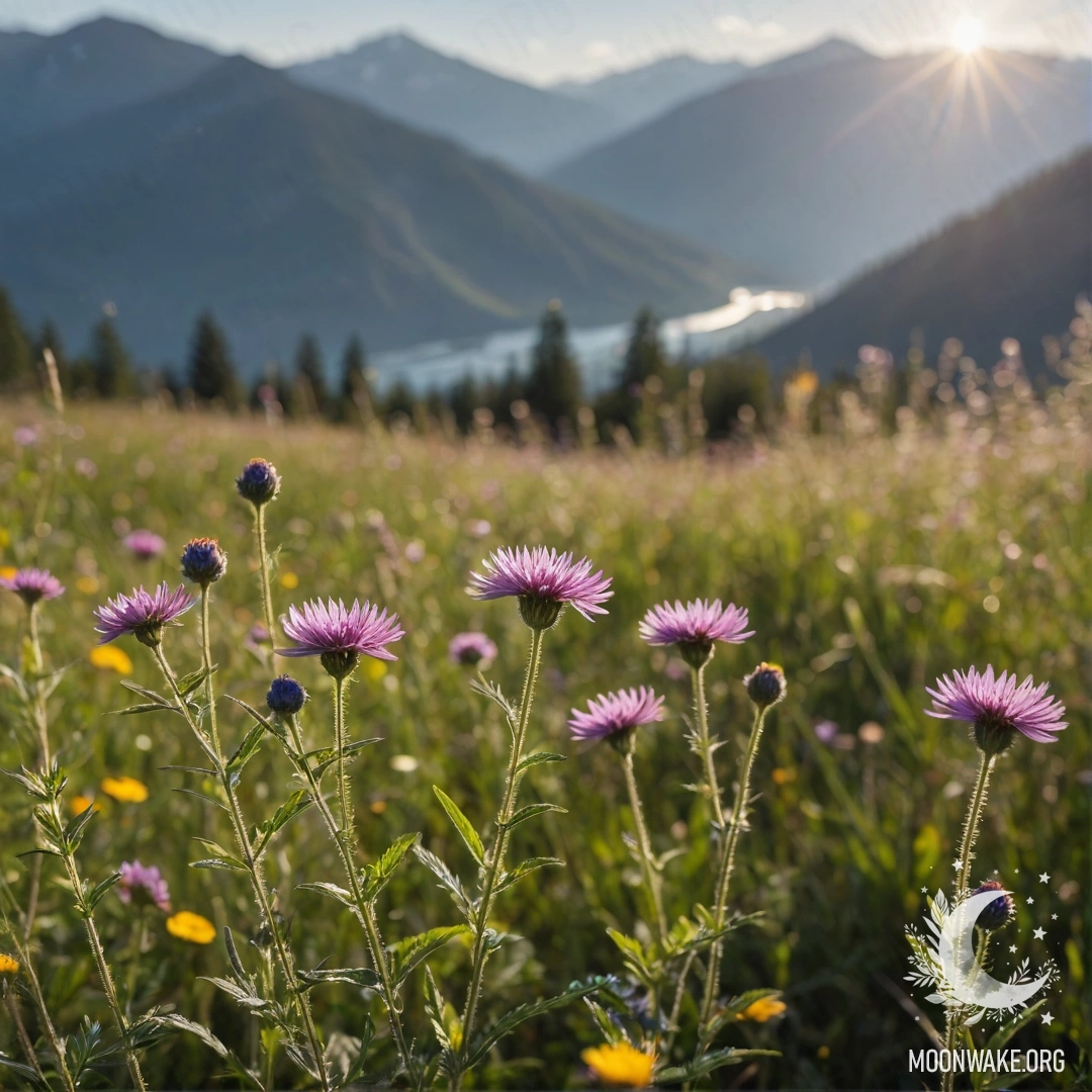 Крупный план ярких цветов в уютном поле на фоне размытой горной местности.