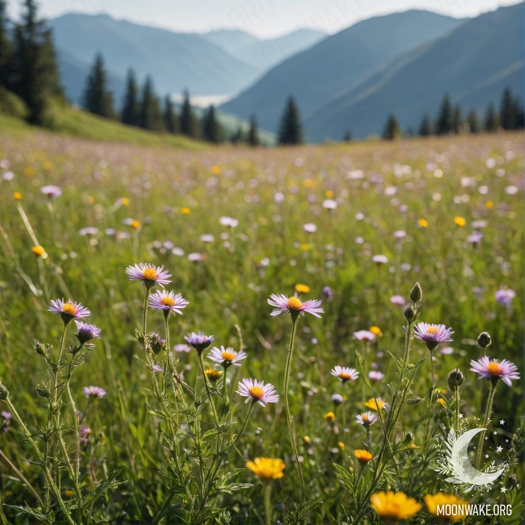 Крупный план ярких полевых цветов на фоне размытой горной местности.