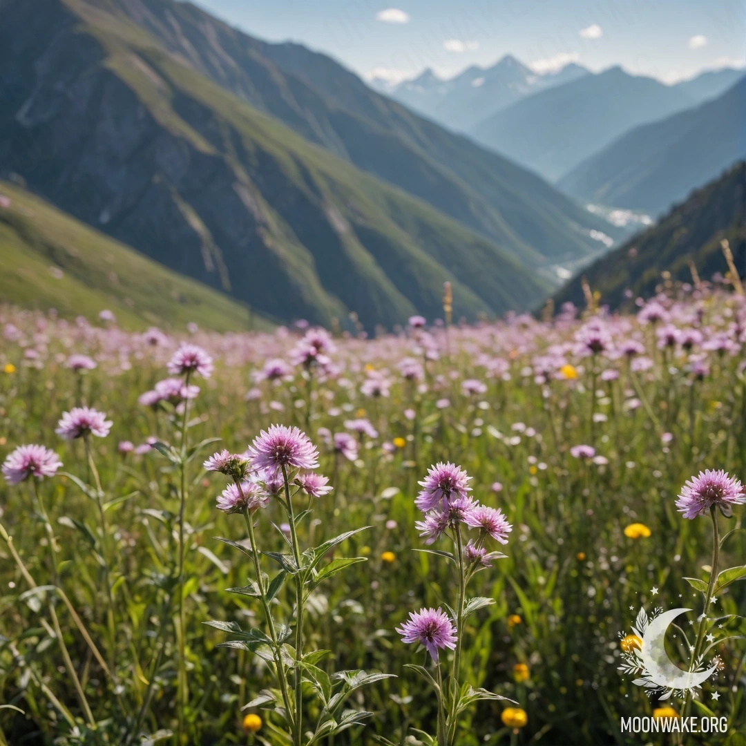Крупный план уютных полевых цветов на фоне размытого горного пейзажа в солнечный день.