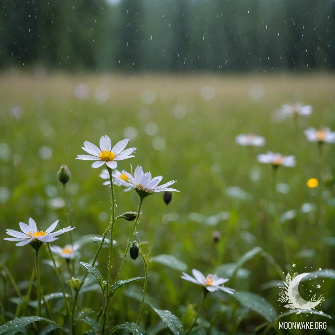 Крупный план уютных полевых цветов на фоне размытого леса под дождем.