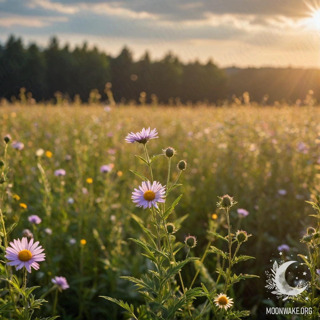 Крупный план полевых цветов на фоне мягкого боке неба с облаками и солнечными лучами.