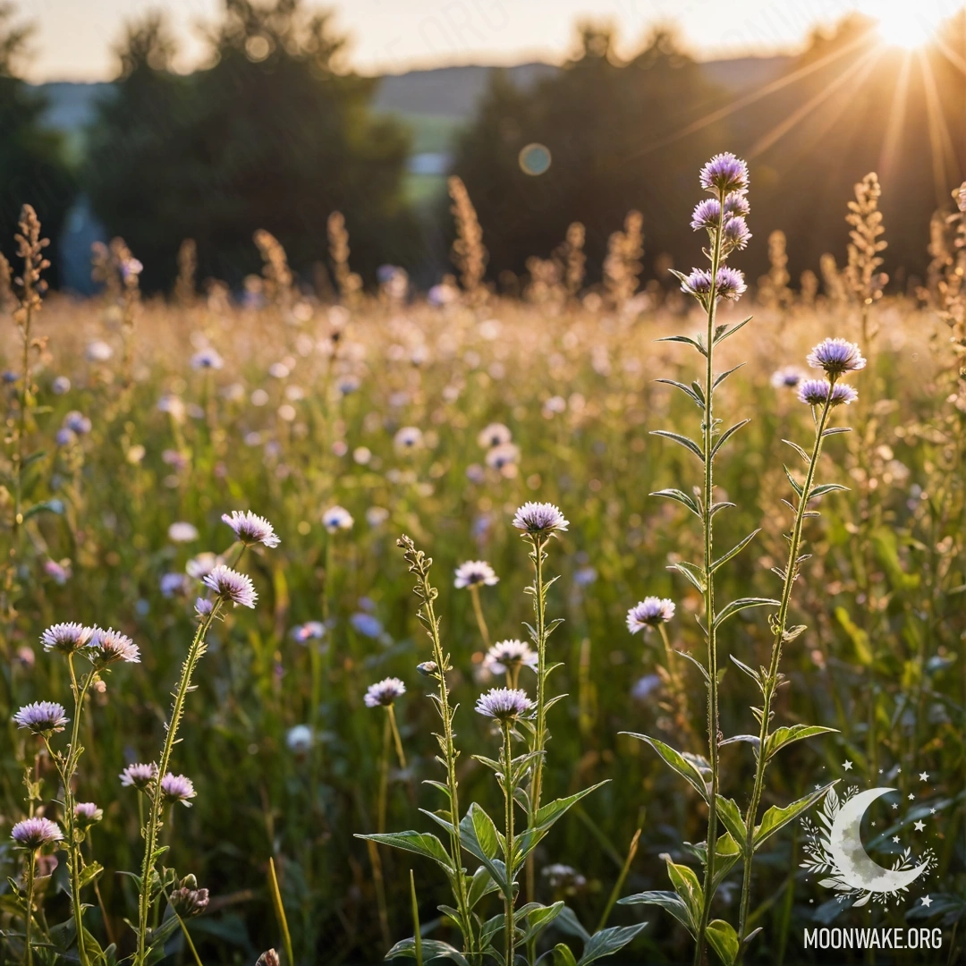 Крупный план ярких полевых цветов на фоне размытого неба с бликованием.