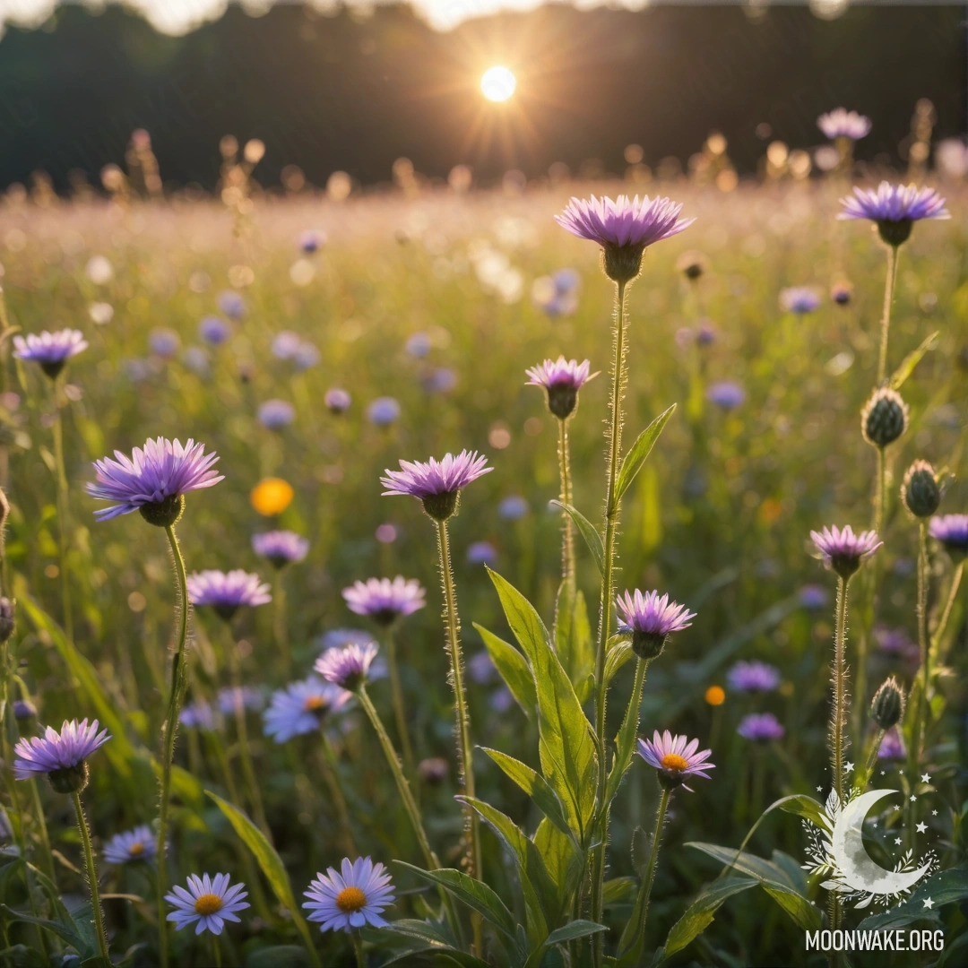 Крупный план полевых цветов с мягким размытым фоном и бликами света.