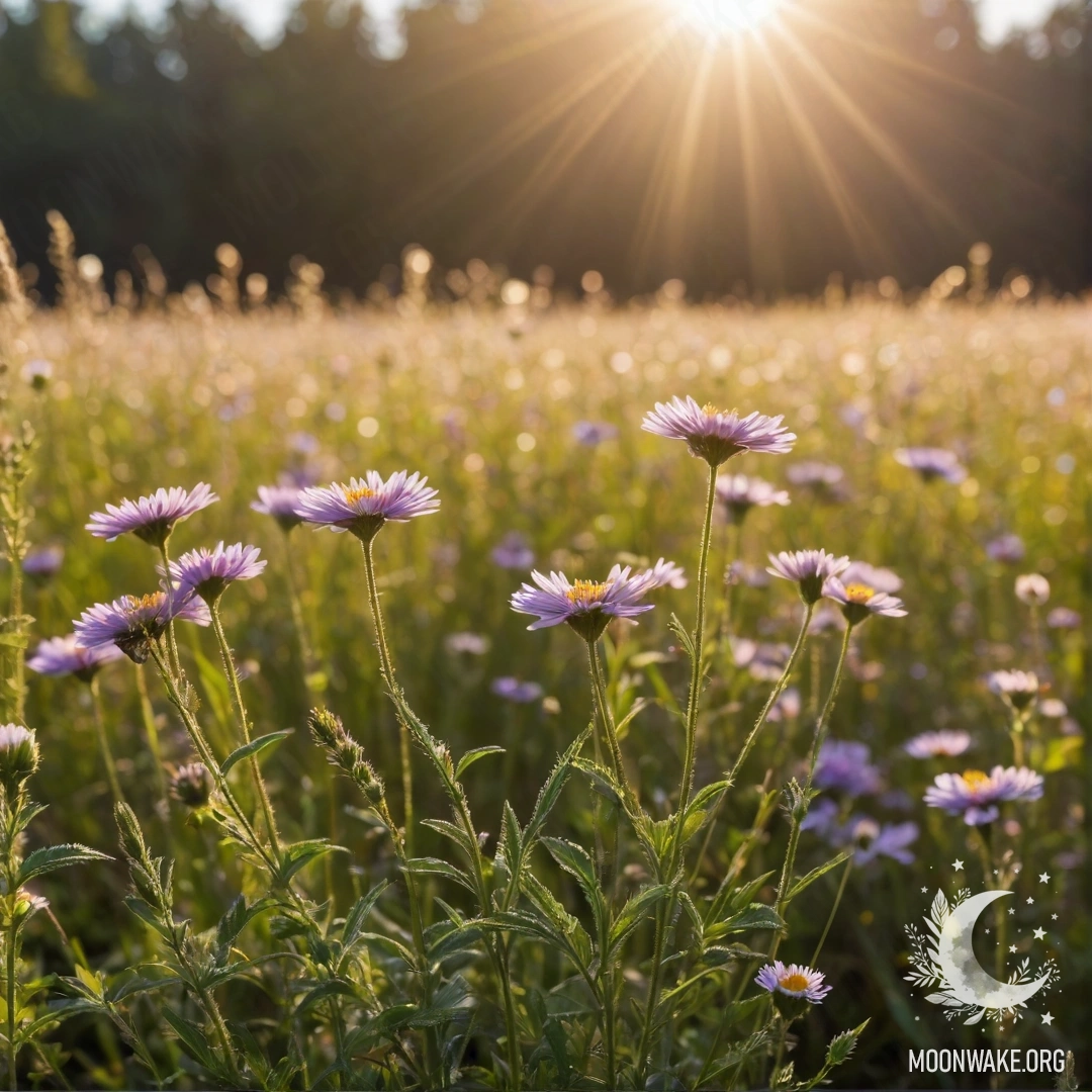 Крупным планом уютные полевые цветы с боке на фоне, освещённые солнечными лучами.