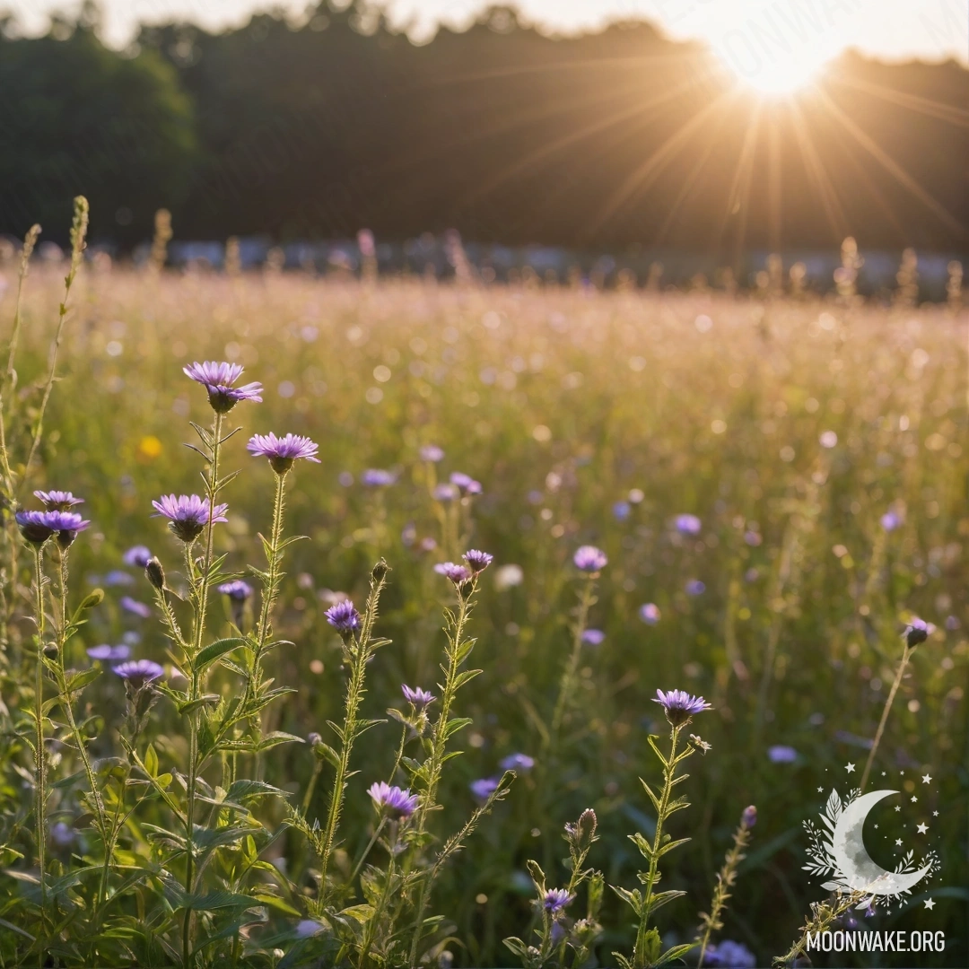 Крупный план нежных полевых цветов на фоне размытого боке неба, освещенного солнечными лучами.