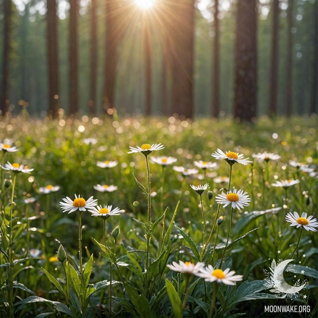 Крупный план цветных полевых цветов в лесу с эффектом боке и солнечными лучами, пробивающимися сквозь дождь.