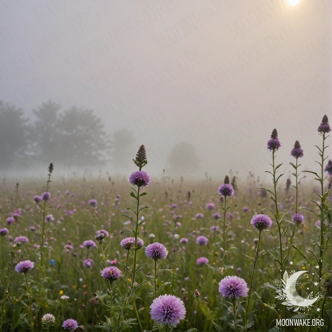 Крупный план нежных полевых цветов на фоне размытого неба в густом тумане.