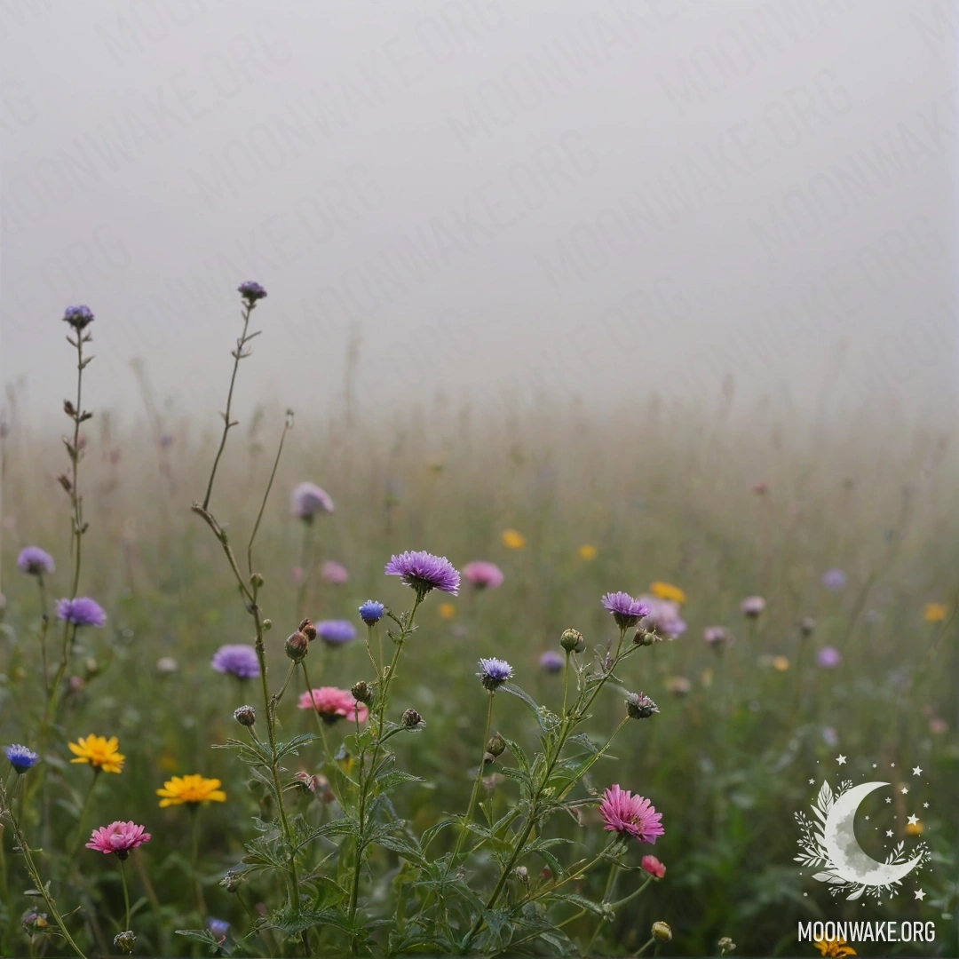 Крупный план нежных цветов на поле, окутанных туманом, на фоне размытого неба.