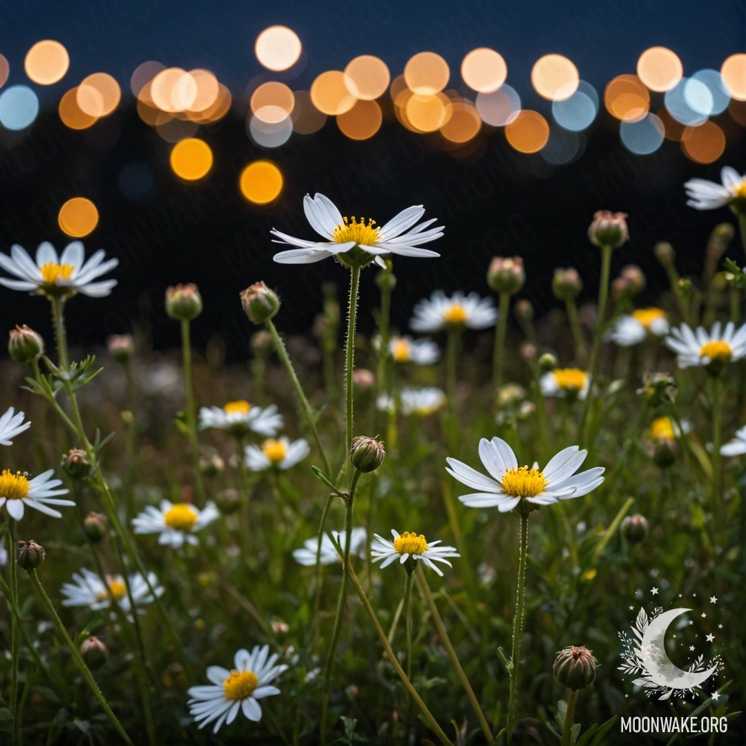 Крупный план разноцветных полевых цветов в мягком фокусе на фоне боке ночью.