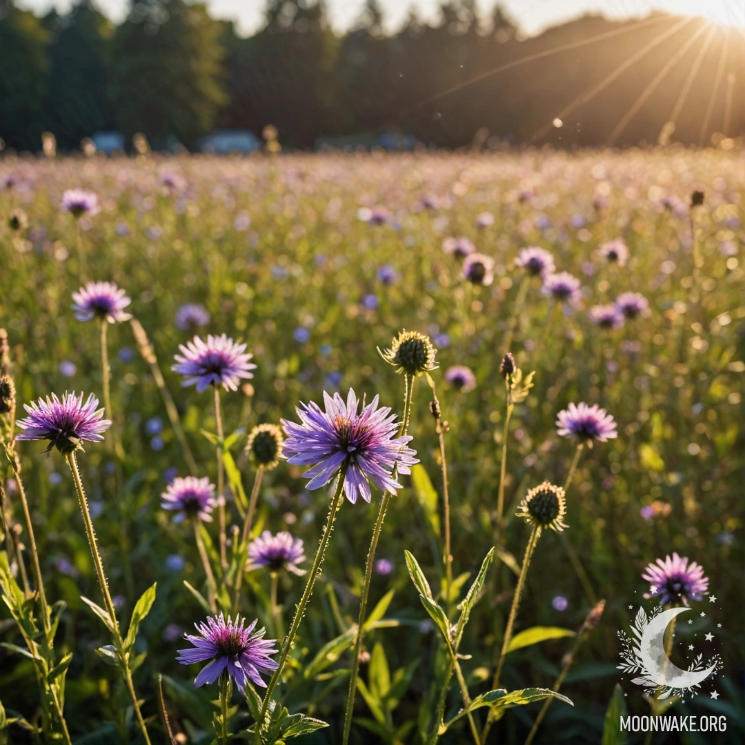 Крупный план уютных полевых цветов на фоне размытых полевых цветов с эффектом боке и бликами от объектива.