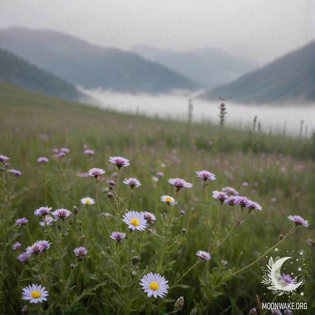 Крупный план полевых цветов на туманном фоне с горами за ними.