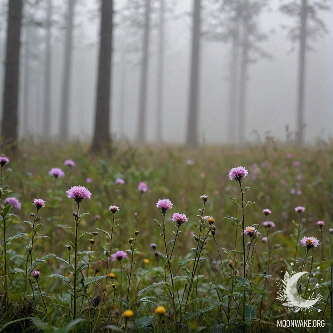 Крупный план уютных полевых цветов, окруженных густым туманом леса.