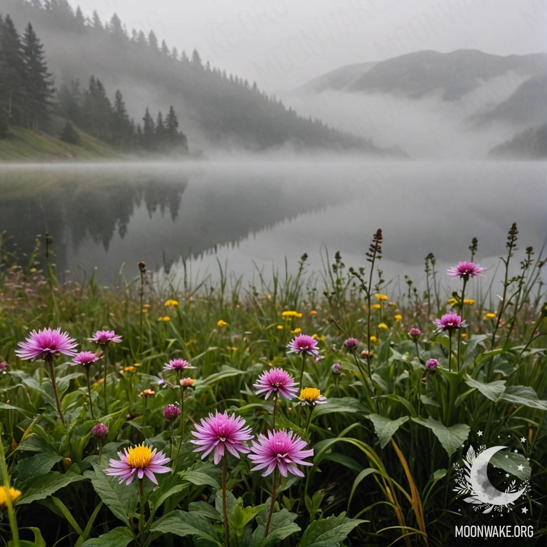 Крупный план нежных полевых цветов на фоне размытого туманного горного озера.