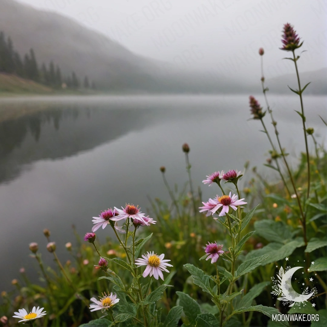 Крупный план полевых цветов на фоне туманного горного озера с боке.