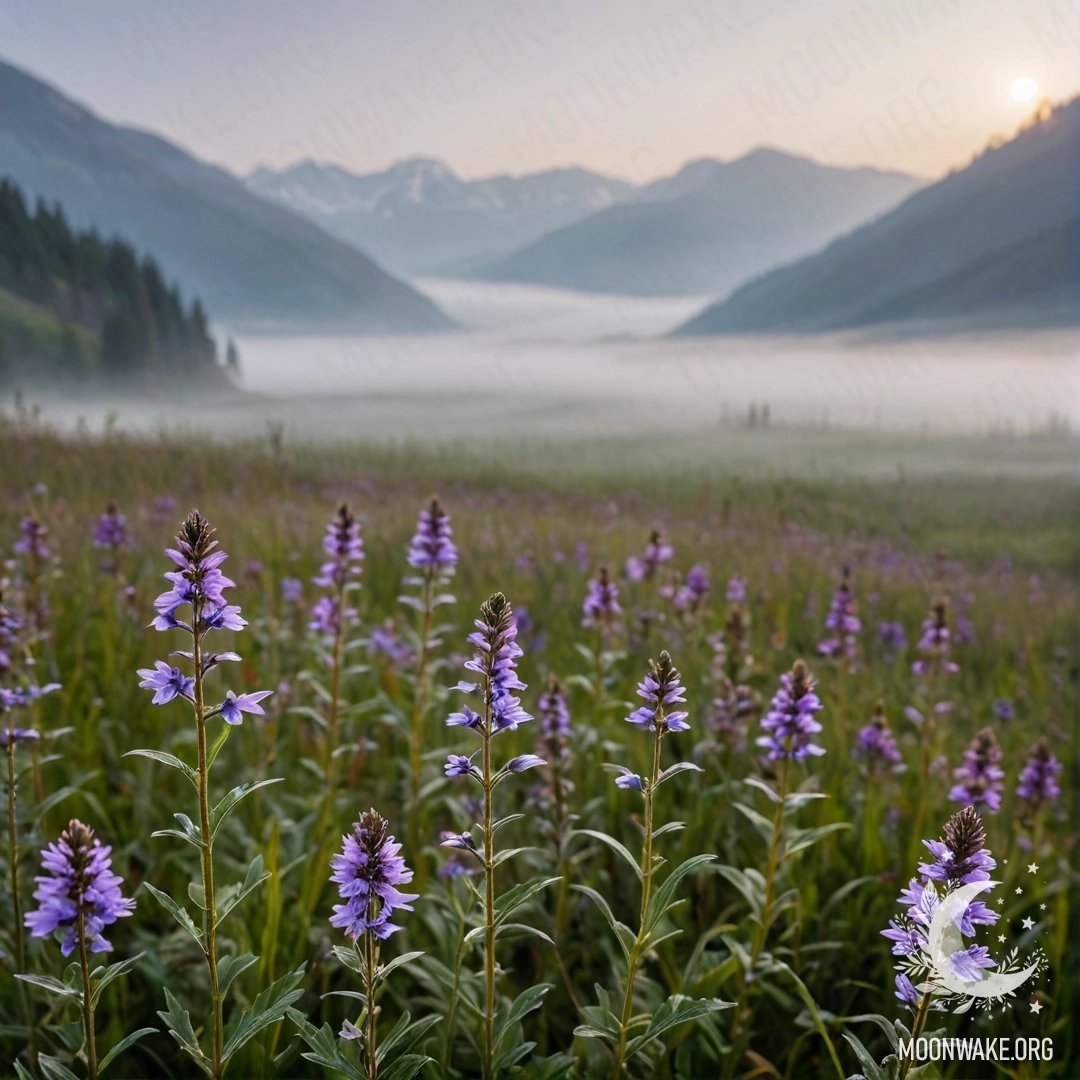 Крупный план ярких полевых цветов на фоне туманного пейзажа с размытыми горами вдалеке.