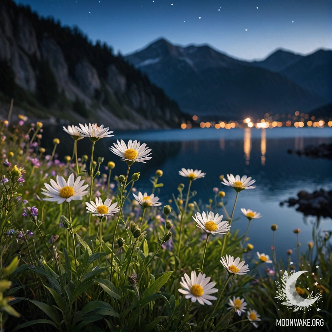 Крупный план цветков в уютном поле с размытым фоном горного озера ночью.